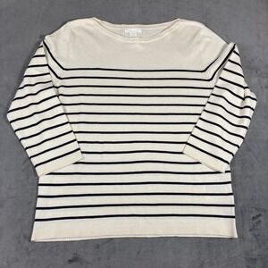 HM Basics Womens Ivory Navy Blue Striped Boat Neck 3/4 Sleeve Sweater Size M